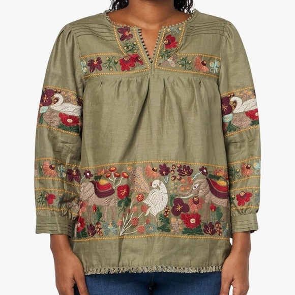 John Mark Tops - John Mark Olive Embroidered Blouse nwt